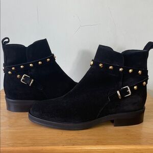 🇮🇹 C La CANADIENNE New Black Suede Booties Strap Gold Metallic Studs, Size 8
